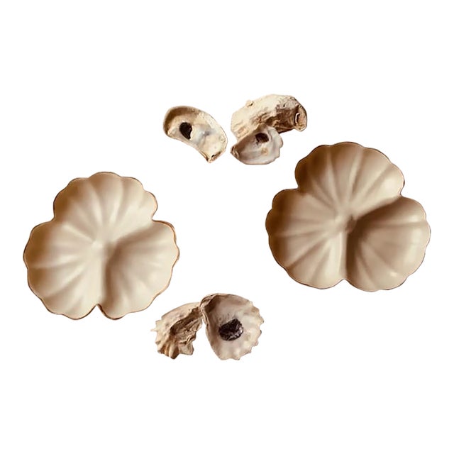 Pair of Late 19th Century Attributed to Belleek Porcelain Oyster Plates With Gilt Lily-Form Edge For Sale