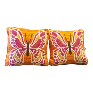 Pair of Trina Turk Mariposa Pink & Orange Needlepoint Accent Pillows For Sale