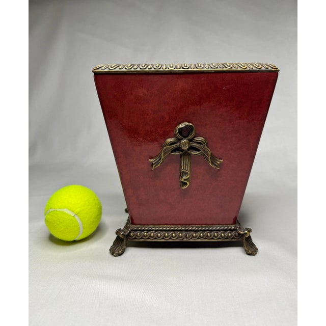 French Provincial Ceramic Solid Brass Bow Red Jardiniere For Sale - Image 10 of 11