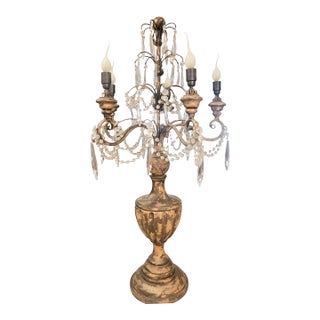 Vintage French Country Gilt Candelabra Urn 5 Light Table Lamp With Crystal Prisms For Sale