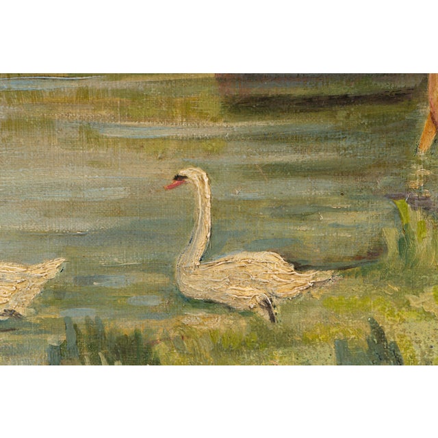 Jules Gaillepand, Lakeside Scene with Nude Figure Swans and Sailboat, 1920s, Oil on Canvas For Sale - Image 7 of 16