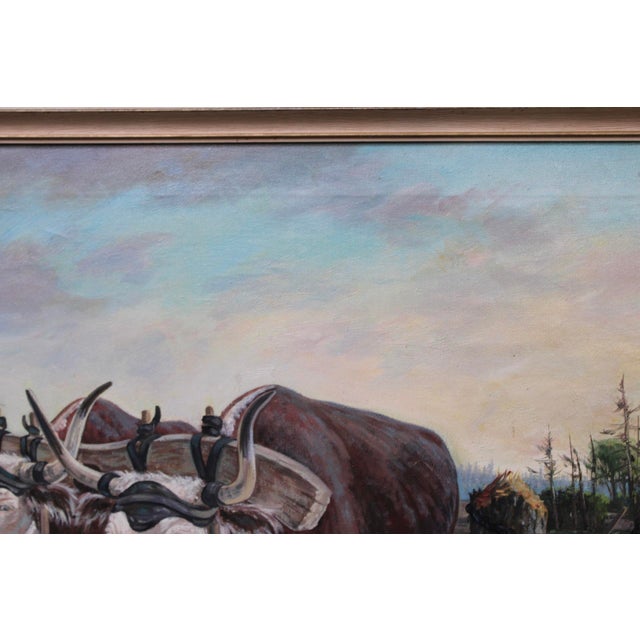 Textile Original Douglas Fales Oil Painting 1967, Oxen Team Pioneer Heritage Art For Sale - Image 7 of 8