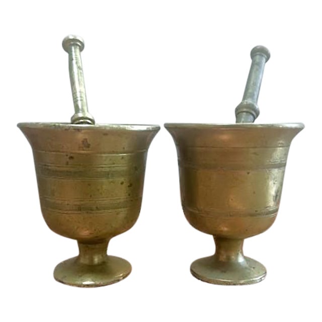 Pair of Vintage Brass Mortar and Pestles For Sale