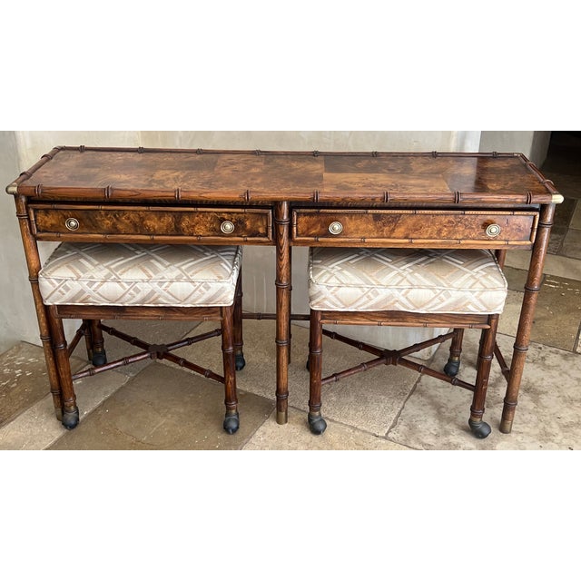 Hekman Burl Wood, Faux Bamboo Console With Nesting Stools & Brass Accents For Sale - Image 10 of 14