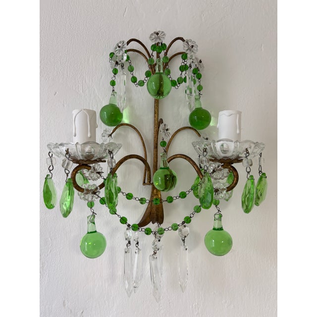 1930s Italian Green Murano Glass Drops, Prisms & Swags Sconces C 1930 For Sale - Image 5 of 11