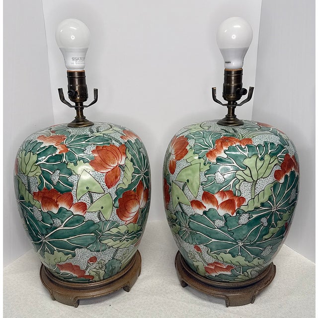 Chinese Mid 20th Century Hand Painted Chinese Ginger Jar Lamps W/Lotus Flowers - a Pair For Sale - Image 3 of 15