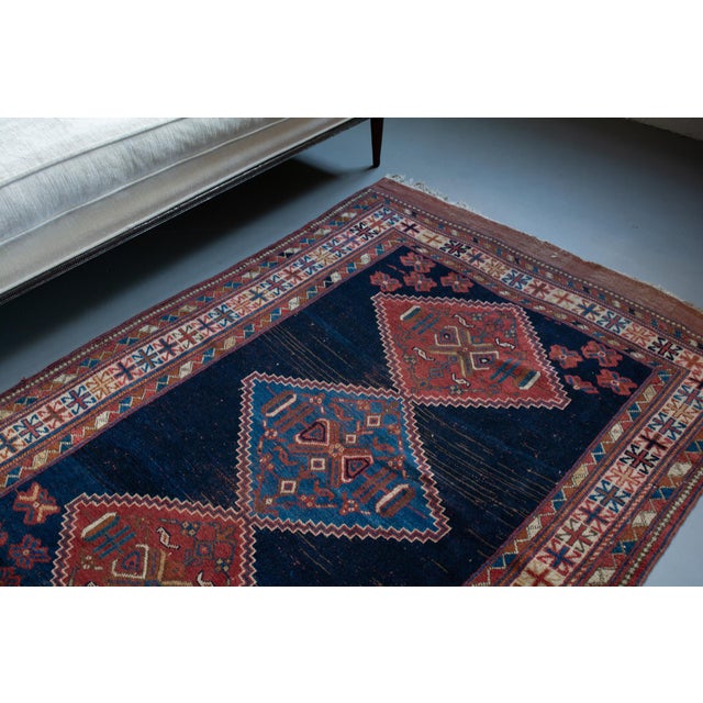 Antique Caucasian Geometric Floral Medallion Navy Red Rug Wool Low Pile Hand-Knotted - 4’2” X 6' For Sale - Image 9 of 10