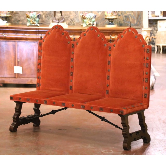 19th Century Spanish Renaissance Walnut and Velvet Three-Seat Bench For Sale In Dallas - Image 6 of 12