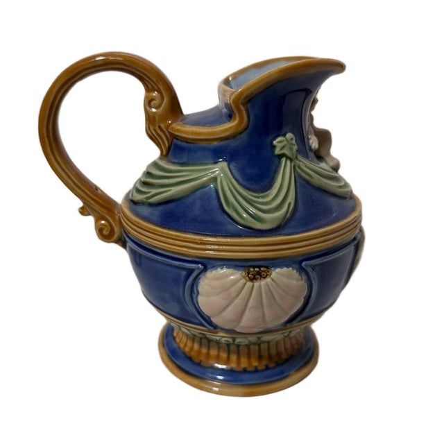 Art Nouveau Vintage Cobalt Nouveau Majolica Art Pottery Putti & Seashell Coastal Pitcher For Sale - Image 3 of 5