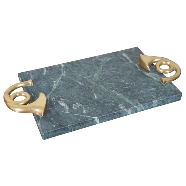 Vintage Green Marble Brass French Horn Handle Cheese Serving Board Tray For Sale - Image 12 of 12