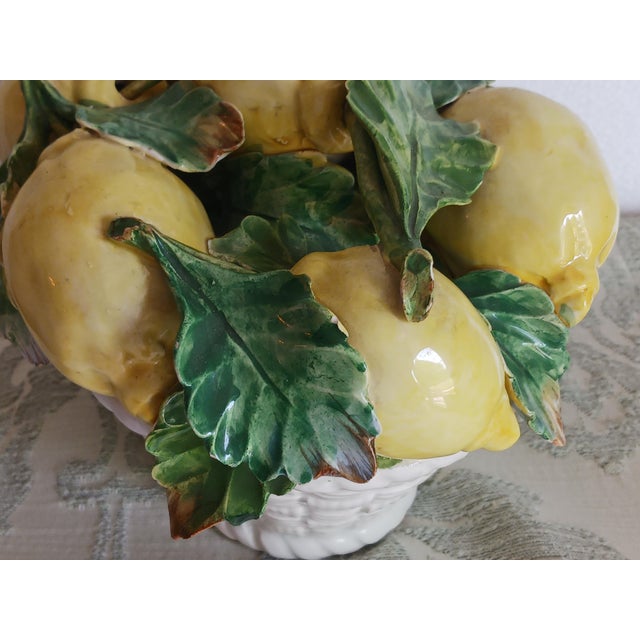 1960s Vintage Majolica Italy Lemons in Woven Basket Centerpiece 1950's For Sale - Image 5 of 6