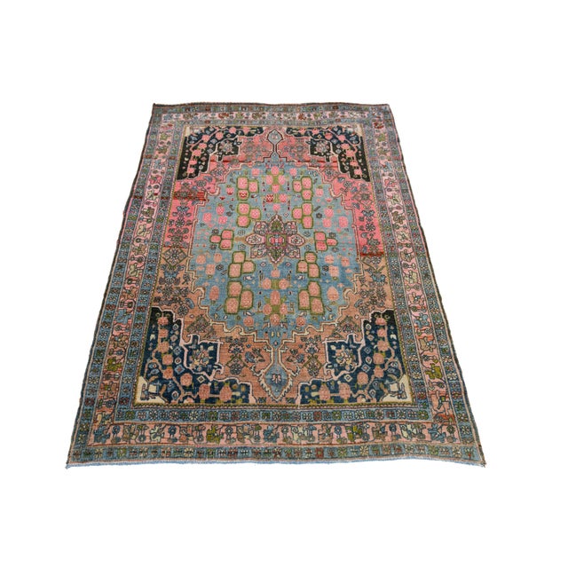 Antique Bidjar Area Rug With Medallion in Soft Rose and Cerulean Blue 4x5 For Sale - Image 4 of 9