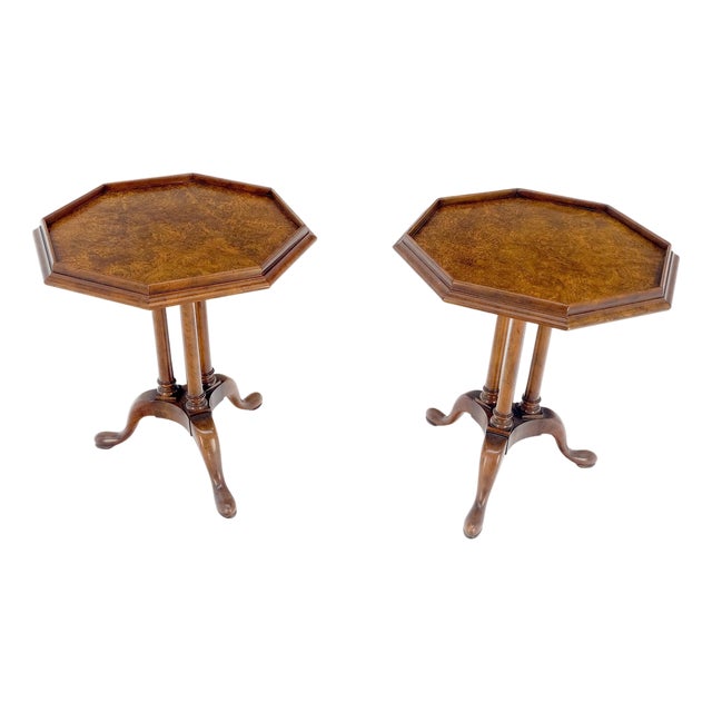 Pair Gallery Burl Wood Top Tripod Bases Side End Occasional Lamp Tables Stands For Sale