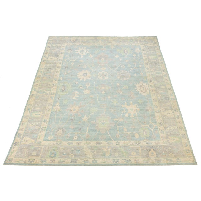 Contemporary Hand-Knotted Wool Oushak Rug in Blue, Ivory & Muted Beige For Sale - Image 4 of 12