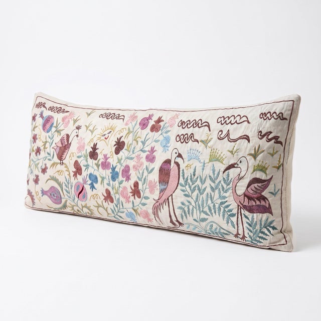 Mid-Century Modern Bird Suzani Lumbar Pillow Cover 18'' X 54'' For Sale - Image 3 of 4