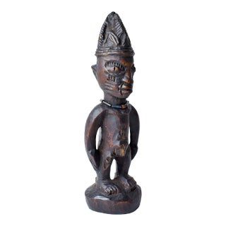 Early 20th Century Yoruba Ibeji Male Figure With Glass Bead Necklace Nigeria For Sale