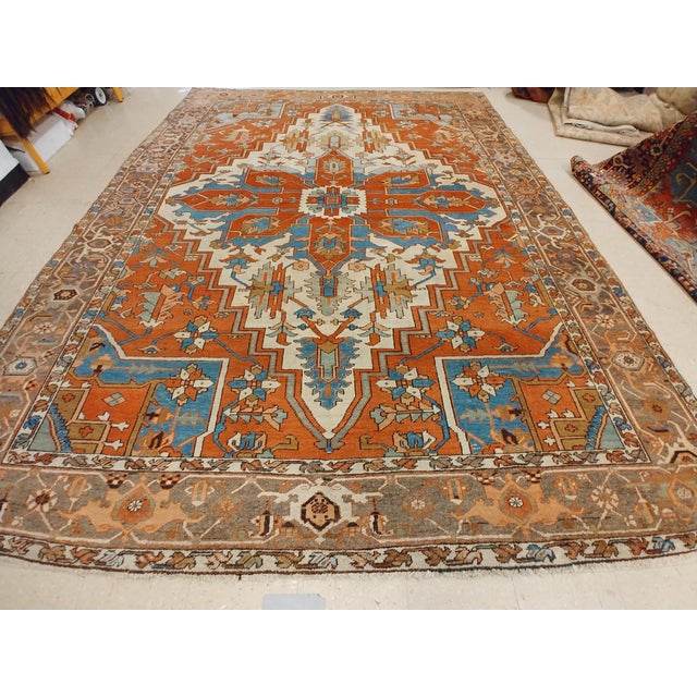 Textile Antique Persian Serapi Carpet, Handmade Wool Oriental Rug, Rust, Ivory, Lit Blue For Sale - Image 7 of 17