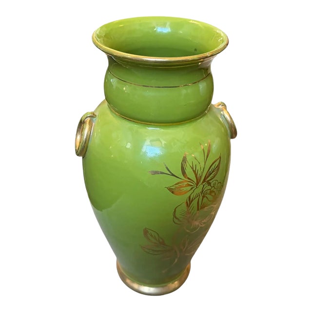 1950s Mid-Century Modern Apple Green and Gold Ceramic Vase From Sesto Fiorentino For Sale