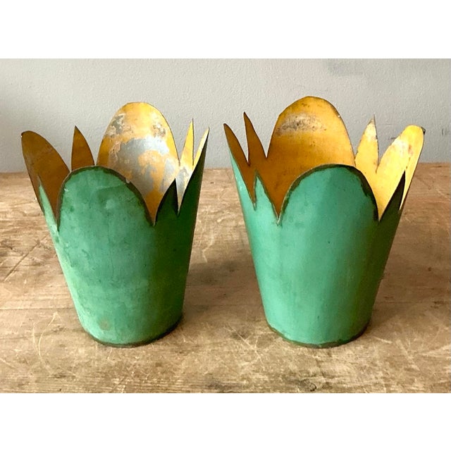 Late 20th Century Vintage Boho Original Tole Cache Pots - A Pair For Sale - Image 5 of 10