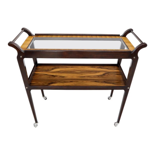 Rosewood & Glass Two Tier Serving Cart on Wheels For Sale