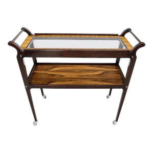 Rosewood & Glass Two Tier Serving Cart on Wheels