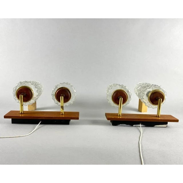 Double Arm Wall Lights with Cylindrical Glass Shades and Wooden Bases, Germany, Set of 2 For Sale - Image 6 of 10