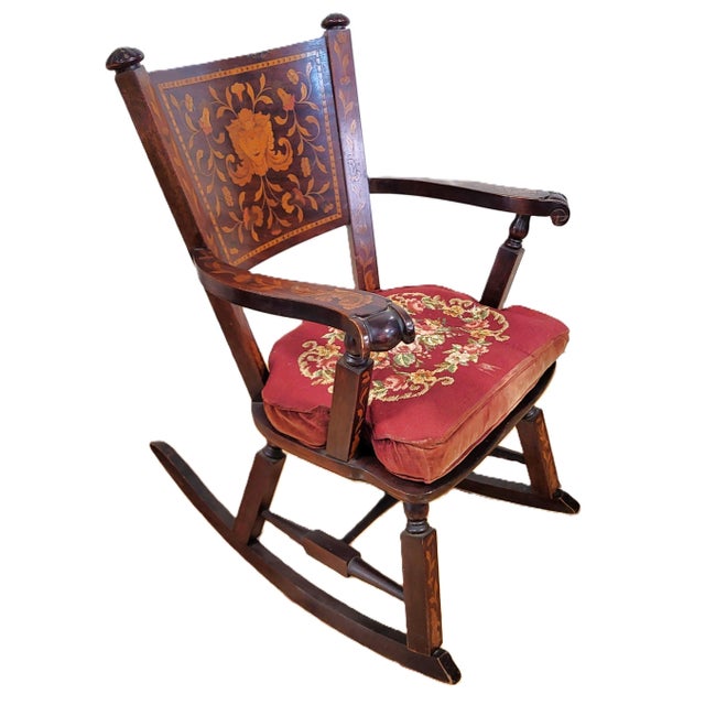 American Antique Dutch 19th C Carved & Marquetry Inlaid Rocking Chair + Needlepoint Pillow For Sale - Image 3 of 18