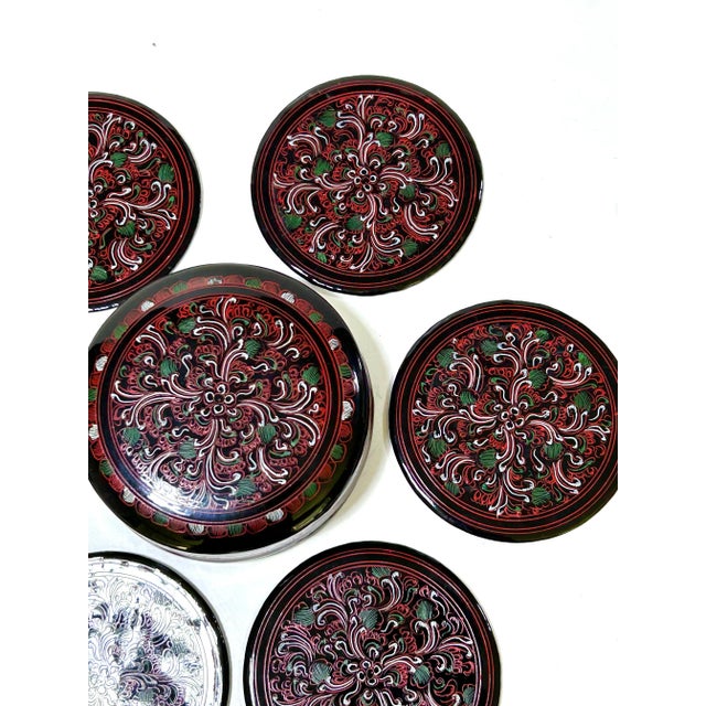 1960s Japanese Lacquerware Coasters – Vintage Asian Barware Set With Box For Sale - Image 9 of 11