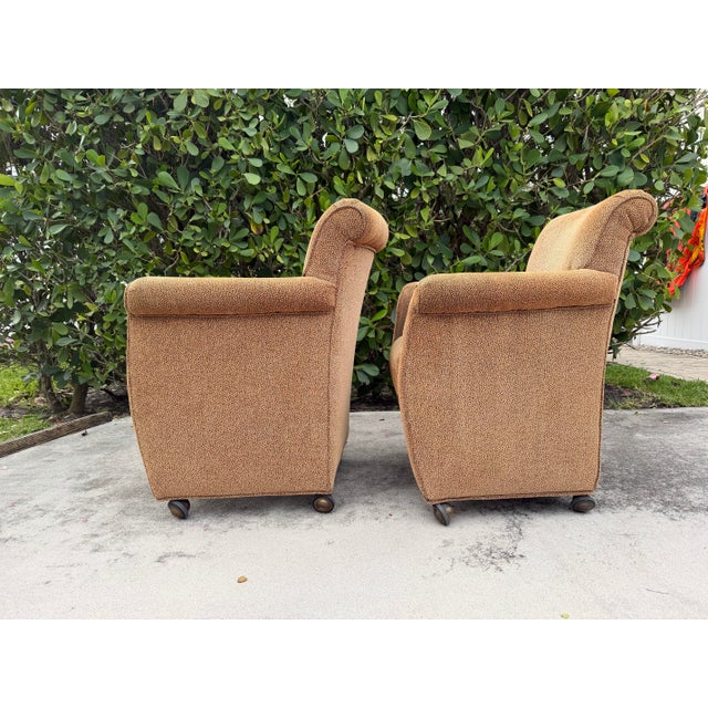 Late 20th Century Vintage Postmodern Rolled Arm Club Chairs With Brass Ball Casters, a Pair For Sale - Image 5 of 12