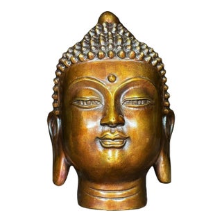 Solid Brass Shakyamuni Buddha Head Statue, Buddhist Religious Decor For Sale