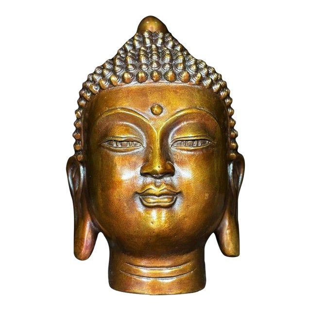 Solid Brass Shakyamuni Buddha Head Statue, Buddhist Religious Decor For Sale