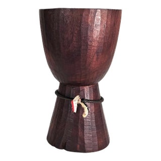 Vintage Handmade Djembe Drum Shell – 12" Tall, Deep Carved Wood, Artisan Percussion For Sale