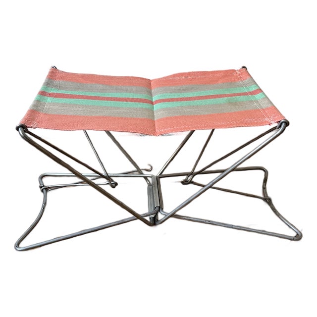 Vintage Folding Camping Stool With Striped Canvas Seat For Sale