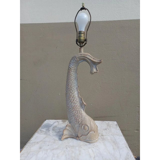 Vintage mid century cerused carved wooden fish lamp with tail up