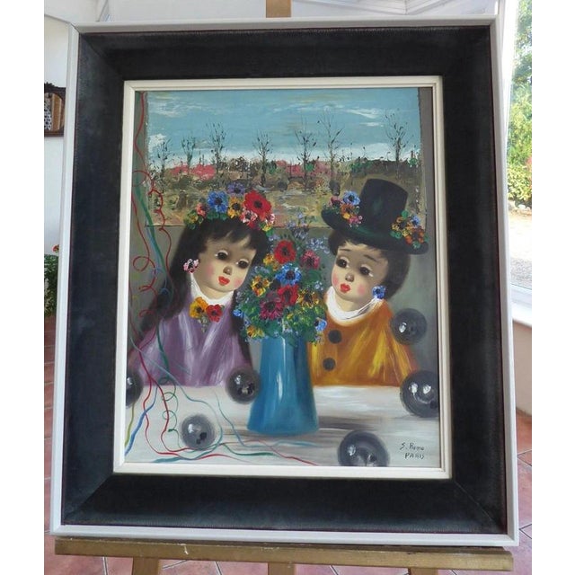 S. Reno, Portrait of Two Children, 1960s, Oil Painting on Canvas, Framed For Sale - Image 9 of 14