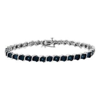 .925 Sterling Silver 1/10 Cttw Miracle-Set Treated Blue Color Diamond Miracle Plate "S" Link Tennis Bracelet - 7.25" For Sale