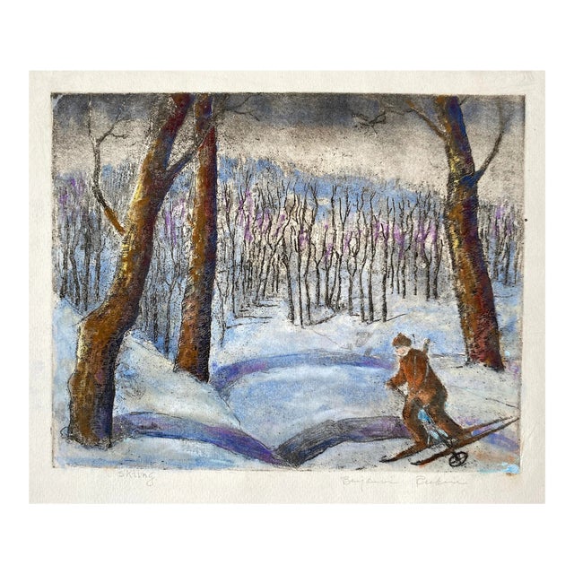 1950s Benjamin Rubin Skiing Winter Color Etching For Sale