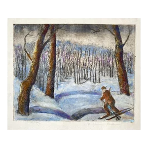 1950s Benjamin Rubin Skiing Winter Color Etching