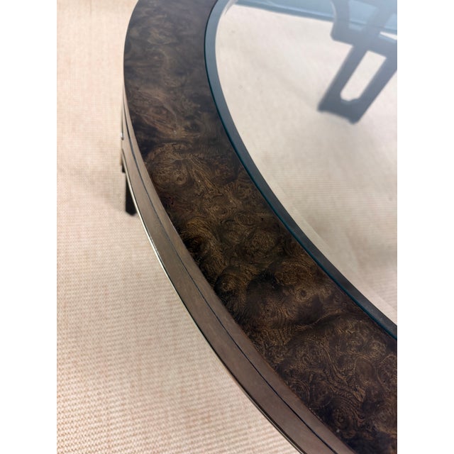 1970’s Ultra Rare Round Mastercraft Burled Glass Top Coffee Table With Intricate Recessed Brass Trim. For Sale - Image 9 of 12