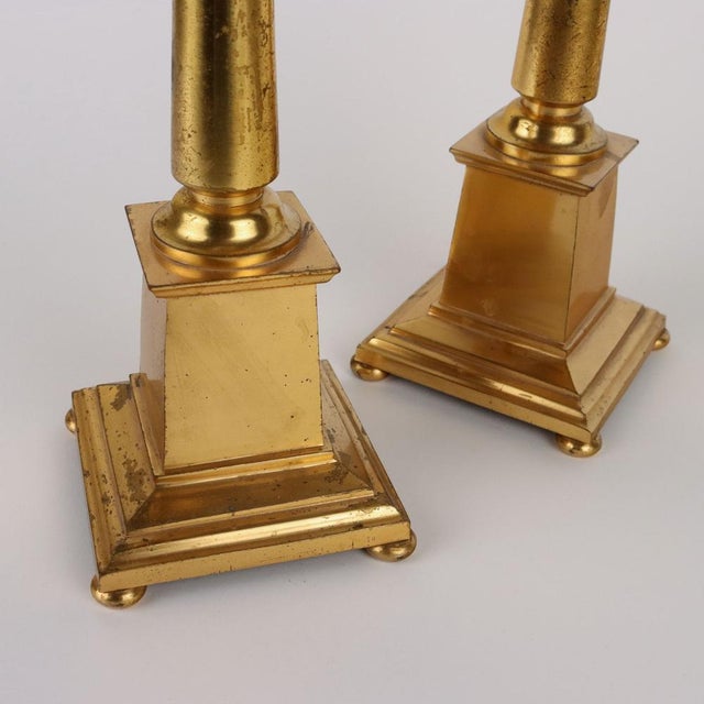 Antique Candleholders with Square Base and Circular Feet in Gilded Bronze, Set of 2 For Sale - Image 6 of 10