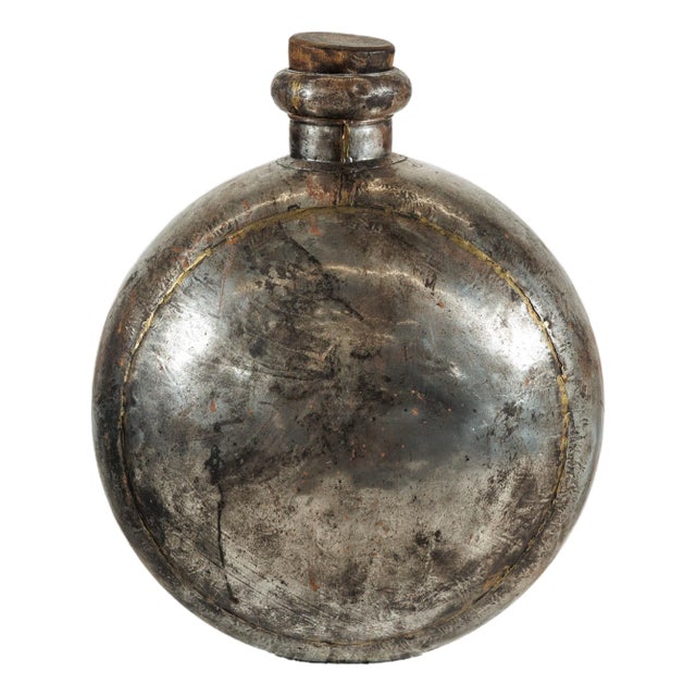 Vintage Indian Metal Water Vessel with Circular Body and Wooden Cork Top For Sale