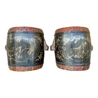 Vintage Boho Hand Painted Lidded Drums - a Pair For Sale