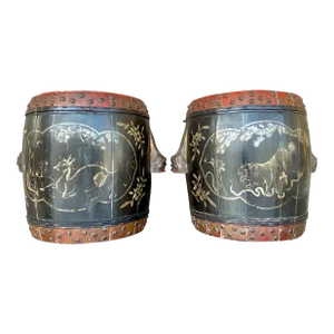 Vintage Boho Hand Painted Lidded Drums - a Pair