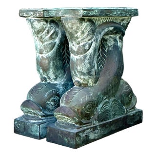 Vintage Patinated Bronze Dolphin Table Pedestals - A Pair For Sale