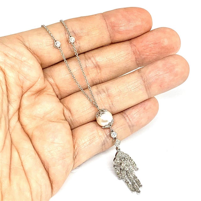Metal Diamond South Sea Pearl Drop Necklace 14k White Gold Certified For Sale - Image 7 of 8