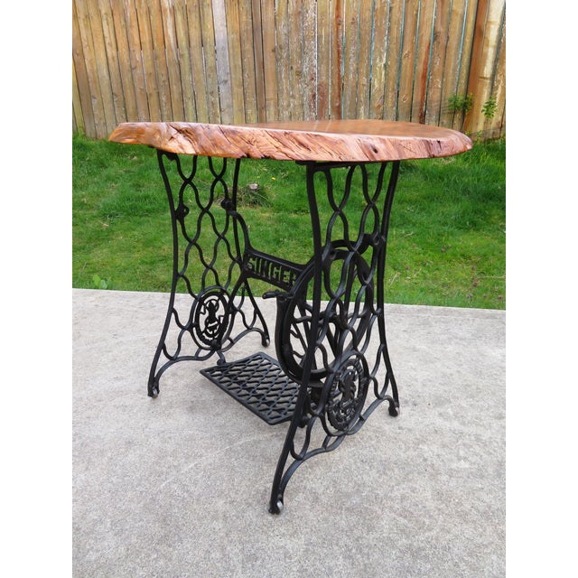 Antique Live Edge Cedar Wood Slab Side Table on Cast Iron Singer Treadle Base ~ Rustic Industrial Handmade Design For Sale In Seattle - Image 6 of 15