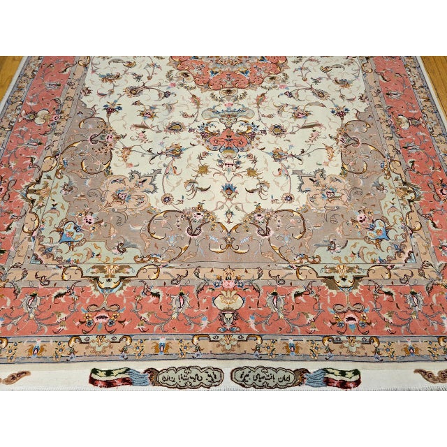 Persian Tabriz Rug, Hand-Knotted Wool & Silk, Fine Floral Pattern, Ivory & Salmon, 7x10 For Sale - Image 17 of 17