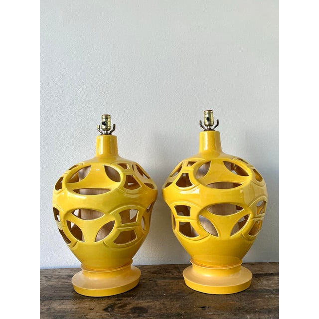 Vintage Glazed Ceramic Cutout Lamps - A Pair For Sale - Image 11 of 12