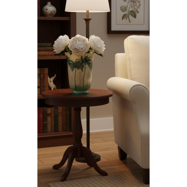 Green Elegant Hand-Painted Glass Vase With Decoupage Palm Tree Design For Sale - Image 8 of 8