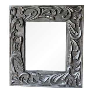 Decorative Floral Carved Square Wall Mirror - Silver Gray For Sale